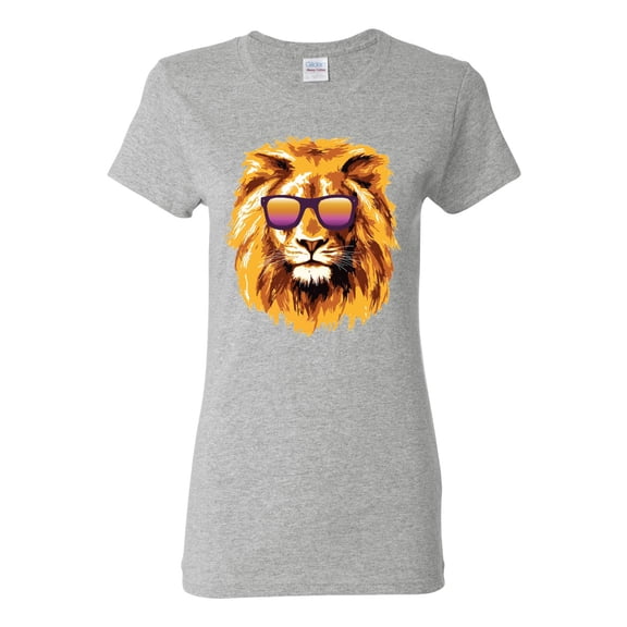Wild Bobby, Lion With Sunglasses Animal Lover Womens Graphic T-Shirt, Heather Grey, Medium
