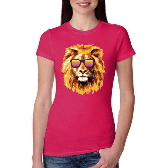 Lion With Sunglasses Animal Lover Womens Slim Fit Junior Tee, Raspberry, 2XL