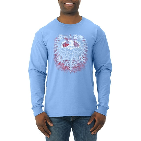 Wild Bobby, Live To Ride Motto Motorcylce Club Cars and Trucks Mens Long Sleeve Shirt, Light Blue, Large