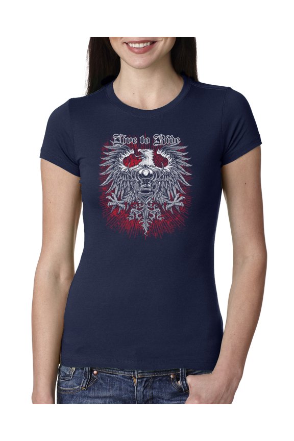 , Live To Ride Motto Motorcylce Club Cars and Trucks Womens Slim Fit Junior Tee, Navy, Large