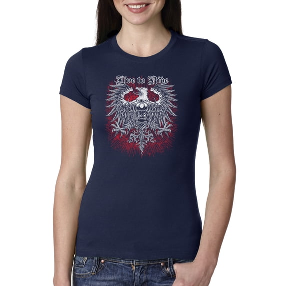 Wild Bobby, Live To Ride Motto Motorcylce Club Cars and Trucks Womens Slim Fit Junior Tee, Navy, Small