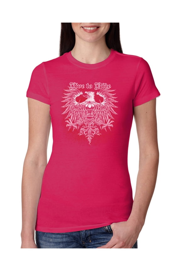 , Live To Ride Motto Motorcylce Club Cars and Trucks Womens Slim Fit Junior Tee, Raspberry, Large