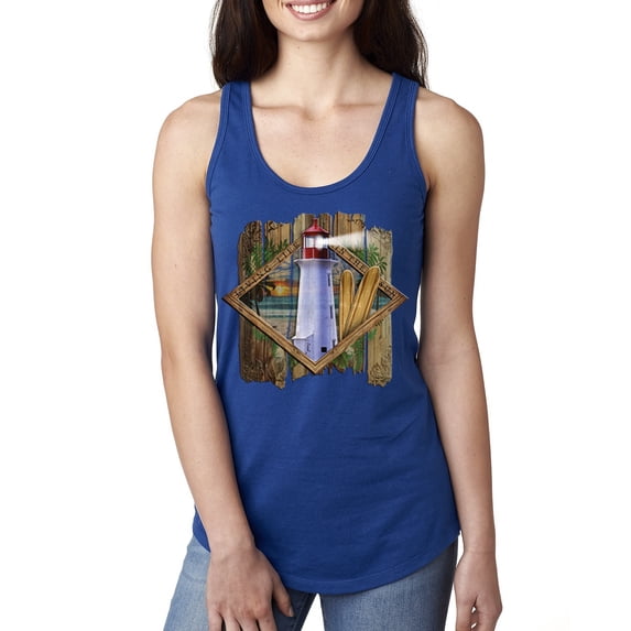 Wild Bobby, Living Life In The Sun Surfboards Sunsets Lighthouse Pop Culture Ladies Racerback Tank Top, Royal, Medium