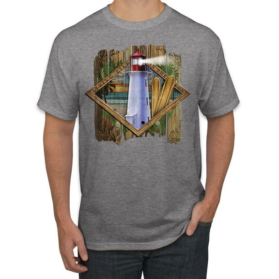Wild Bobby, Living Life In The Sun Surfboards Sunsets Lighthouse Pop Culture Men's Graphic T-Shirt, Heather Grey, Large