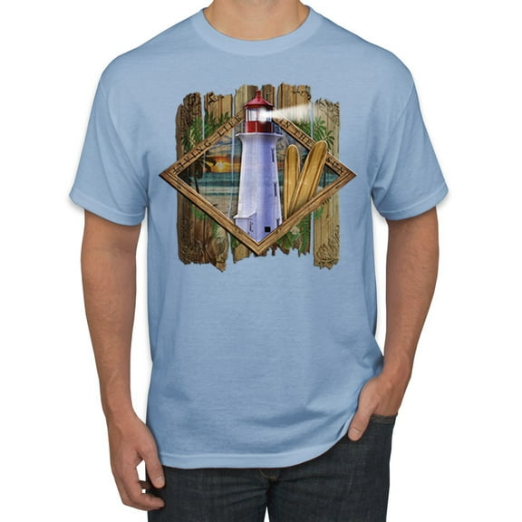 Wild Bobby, Living Life In The Sun Surfboards Sunsets Lighthouse Pop Culture Men's Graphic T-Shirt, Light Blue, X-Large
