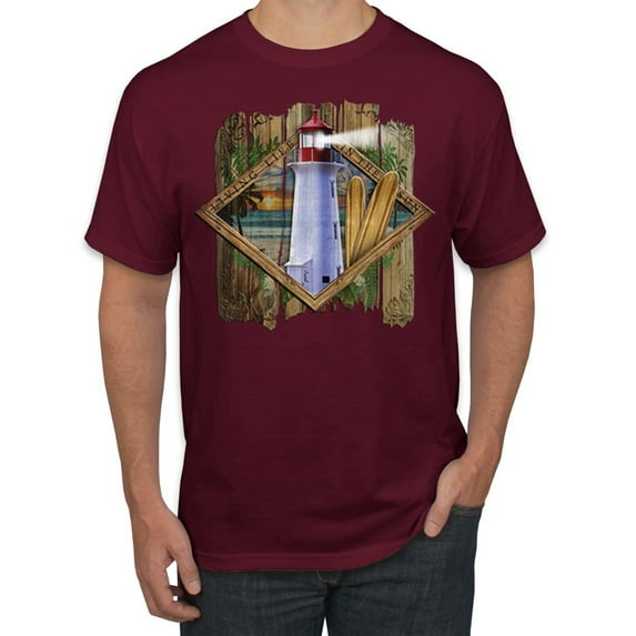 Wild Bobby, Living Life In The Sun Surfboards Sunsets Lighthouse Pop Culture Men's Graphic T-Shirt, Maroon, Medium