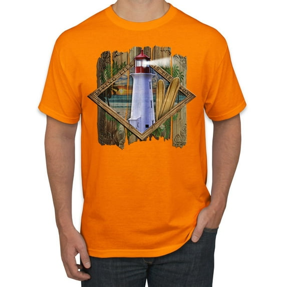 Wild Bobby, Living Life In The Sun Surfboards Sunsets Lighthouse Pop Culture Men's Graphic T-Shirt, Orange, 3XL