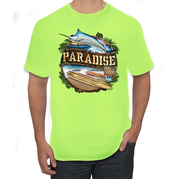 Wild Bobby, Living Life In The Sun Surfboards Sunsets Lighthouse Pop Culture Men's Graphic T-Shirt, Safety Green, 3XL