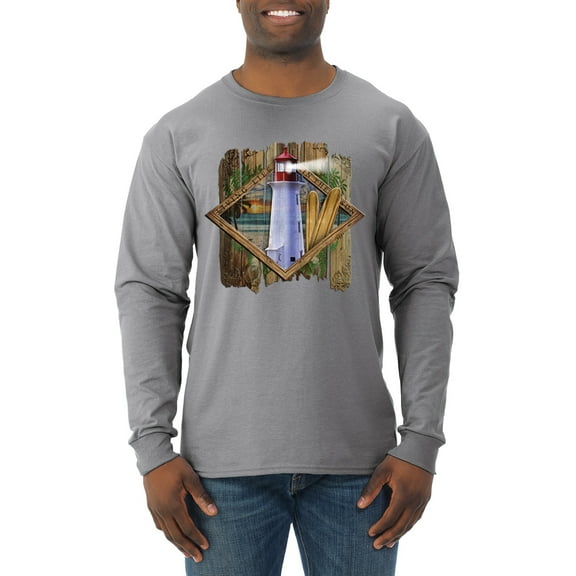 Wild Bobby, Living Life In The Sun Surfboards Sunsets Lighthouse Pop Culture Mens Long Sleeve Shirt, Heather Grey, Large