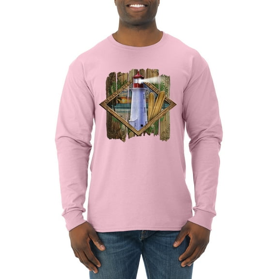 Wild Bobby, Living Life In The Sun Surfboards Sunsets Lighthouse Pop Culture Mens Long Sleeve Shirt, Light Pink, Small