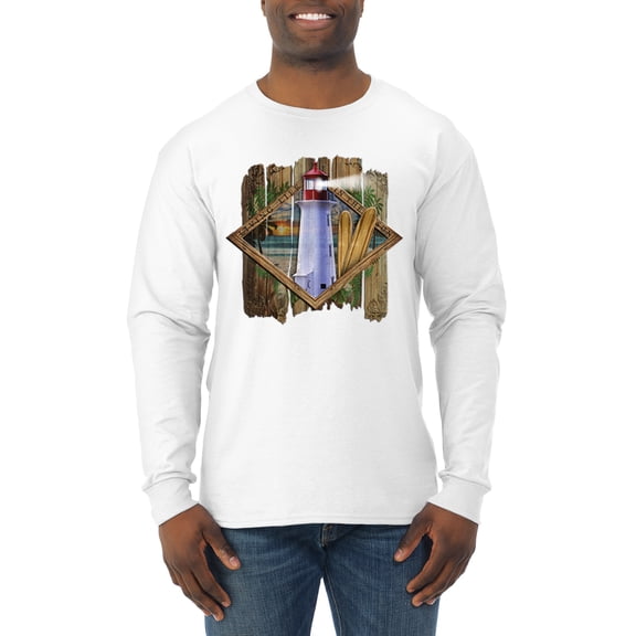 Wild Bobby, Living Life In The Sun Surfboards Sunsets Lighthouse Pop Culture Mens Long Sleeve Shirt, White, Small