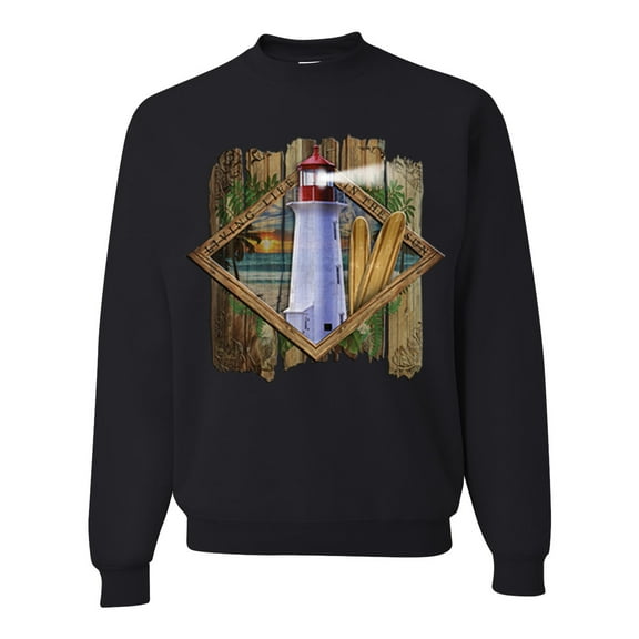 Wild Bobby, Living Life In The Sun Surfboards Sunsets Lighthouse Pop Culture Unisex Crewneck Graphic Sweatshirt, Black, Small