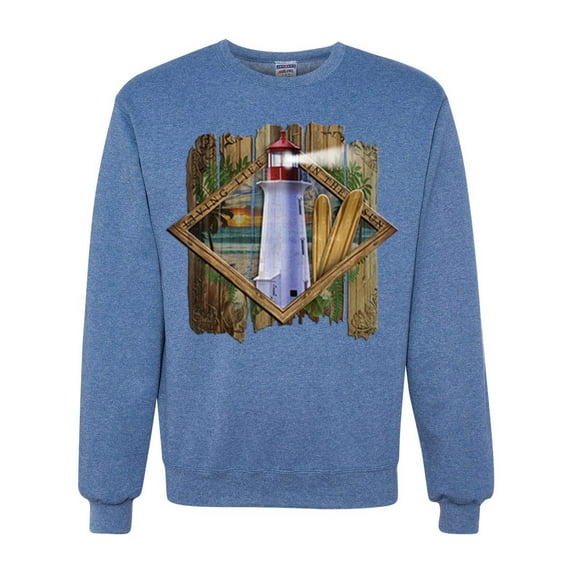 Wild Bobby, Living Life In The Sun Surfboards Sunsets Lighthouse Pop Culture Unisex Crewneck Graphic Sweatshirt, Vintage Heather Blue, 2XL