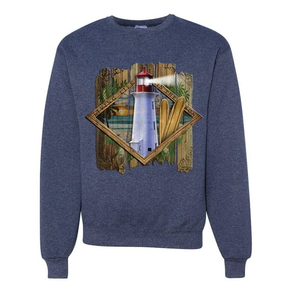 Wild Bobby, Living Life In The Sun Surfboards Sunsets Lighthouse Pop Culture Unisex Crewneck Graphic Sweatshirt, Vintage Heather Navy, Large