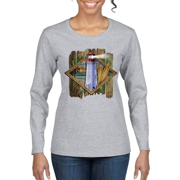 Wild Bobby, Living Life In The Sun Surfboards Sunsets Lighthouse Pop Culture Womens Graphic Long Sleeve T-Shirt, Heather Grey, Medium