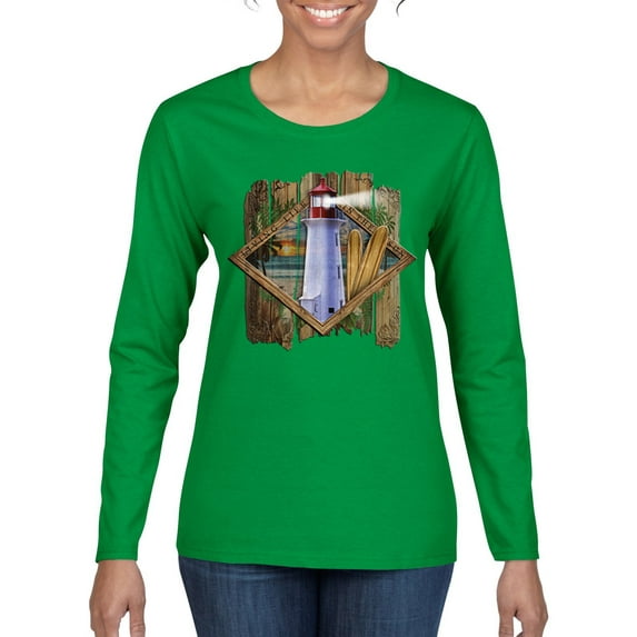 Wild Bobby, Living Life In The Sun Surfboards Sunsets Lighthouse Pop Culture Womens Graphic Long Sleeve T-Shirt, Kelly, 2XL