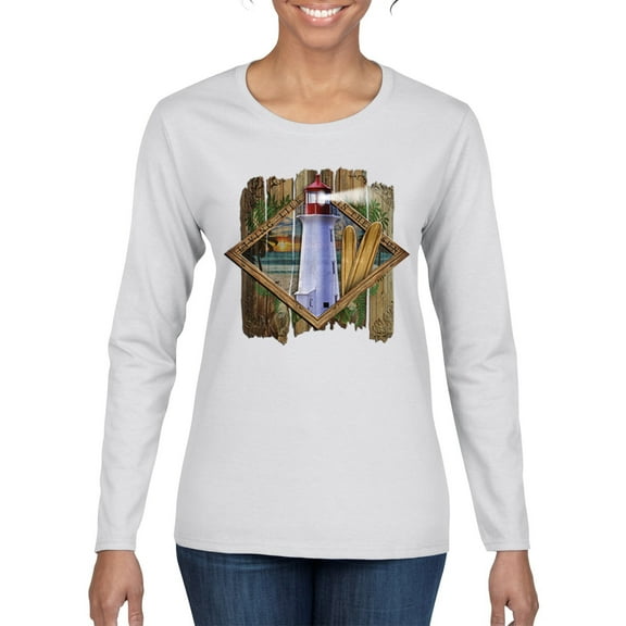 Wild Bobby, Living Life In The Sun Surfboards Sunsets Lighthouse Pop Culture Womens Graphic Long Sleeve T-Shirt, White, 2XL