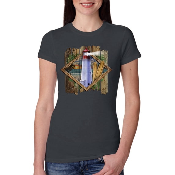 Wild Bobby, Living Life In The Sun Surfboards Sunsets Lighthouse Pop Culture Womens Slim Fit Junior Tee, Dark Grey, Medium