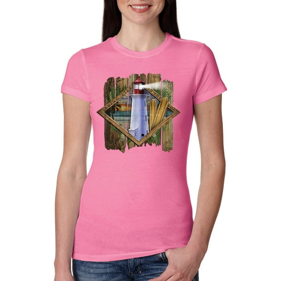 Wild Bobby, Living Life In The Sun Surfboards Sunsets Lighthouse Pop Culture Womens Slim Fit Junior Tee, Hot Pink, X-Large