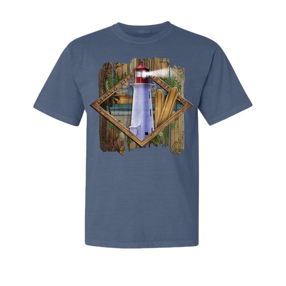 Wild Bobby, Living Life in The Sun Surfboards Sunsets Lighthouse, Garment-Dyed Washed Look Short Sleeve Tees, Navy, Small