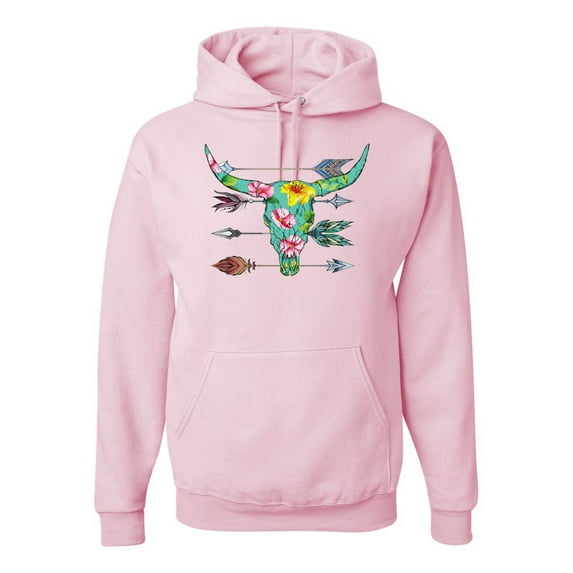 Wild Bobby, Long Horn Cow Skull Floral Mosaic Fashion Graphic Hoodie Sweatshirt, Light Pink, Medium