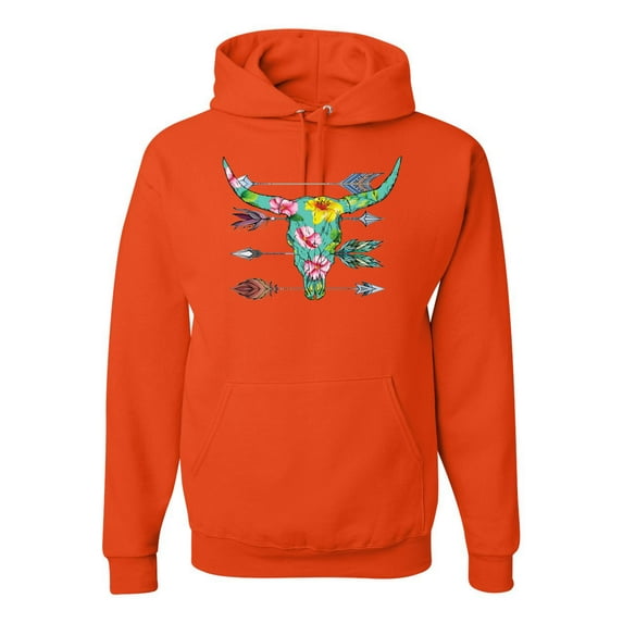 Wild Bobby, Long Horn Cow Skull Floral Mosaic Fashion Graphic Hoodie Sweatshirt, Orange, X-Large