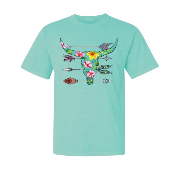 Wild Bobby,Long Horn Cow Skull Floral Mosaic, Streetwear, Garment-Dyed Washed Look Short Sleeve T-Shirt, Mint, Large