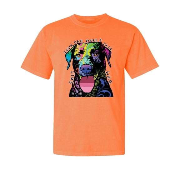 Wild Bobby,Love Can Make a Tail Wag Pitbull Dog Lover Garment-Dyed Washed Look Short Sleeve Tees, Neon Orange, Medium