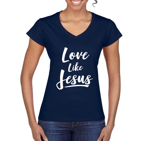 Wild Bobby Love Like Jesus Inspirational/Christian Women Standard V-Neck Tee, Navy, Medium