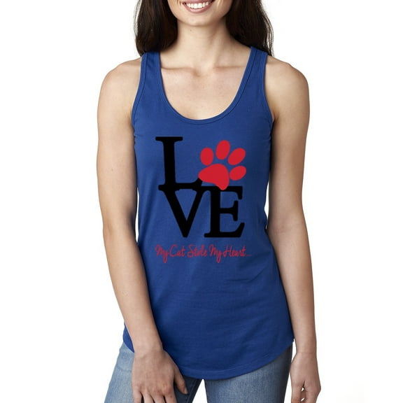 Wild Bobby, Love My Cat Stole My Heart Red Footprints Animal Lover Ladies Racerback Tank Top, Royal, Medium