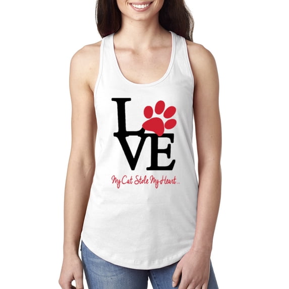 Wild Bobby, Love My Cat Stole My Heart Red Footprints Animal Lover Ladies Racerback Tank Top, White, Large