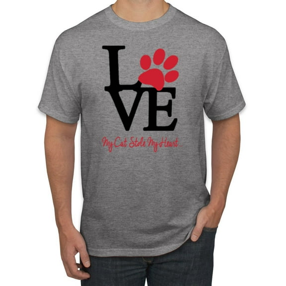 Wild Bobby, Love My Cat Stole My Heart Red Footprints Animal Lover Men's Graphic T-Shirt, Heather Grey, Large