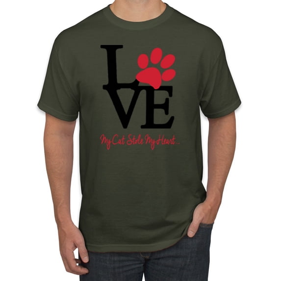 Wild Bobby, Love My Cat Stole My Heart Red Footprints Animal Lover Men's Graphic T-Shirt, Military Green, Small
