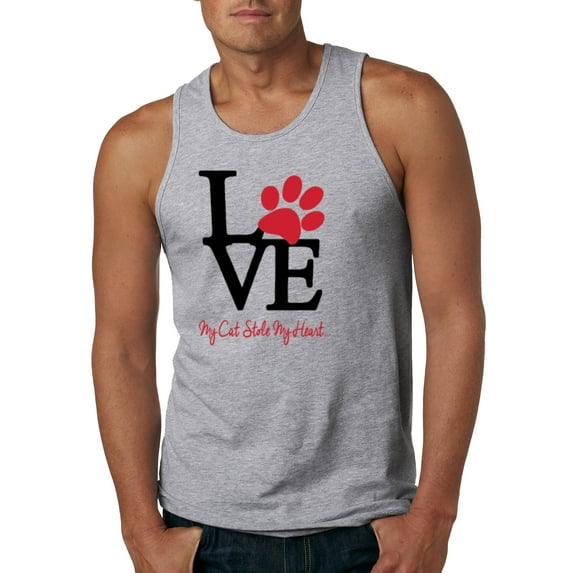 Wild Bobby, Love My Cat Stole My Heart Red Footprints Animal Lover Mens Graphic Tank Top, Heather Grey, 3XL