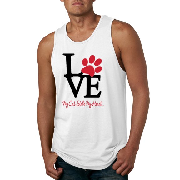 Wild Bobby, Love My Cat Stole My Heart Red Footprints Animal Lover Mens Graphic Tank Top, White, Small