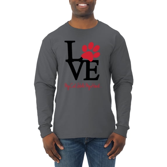 Wild Bobby, Love My Cat Stole My Heart Red Footprints Animal Lover Mens Long Sleeve Shirt, Charcoal, X-Large