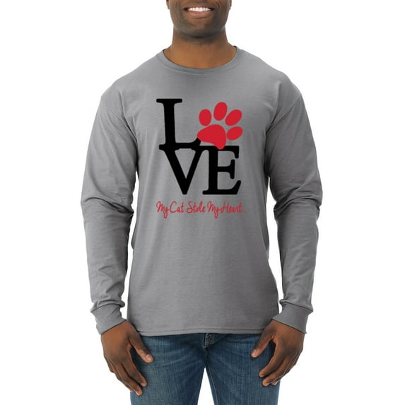 Wild Bobby, Love My Cat Stole My Heart Red Footprints Animal Lover Mens Long Sleeve Shirt, Heather Grey, Medium
