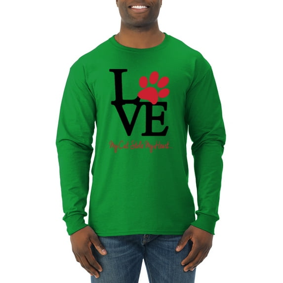Wild Bobby, Love My Cat Stole My Heart Red Footprints Animal Lover Mens Long Sleeve Shirt, Kelly, Large