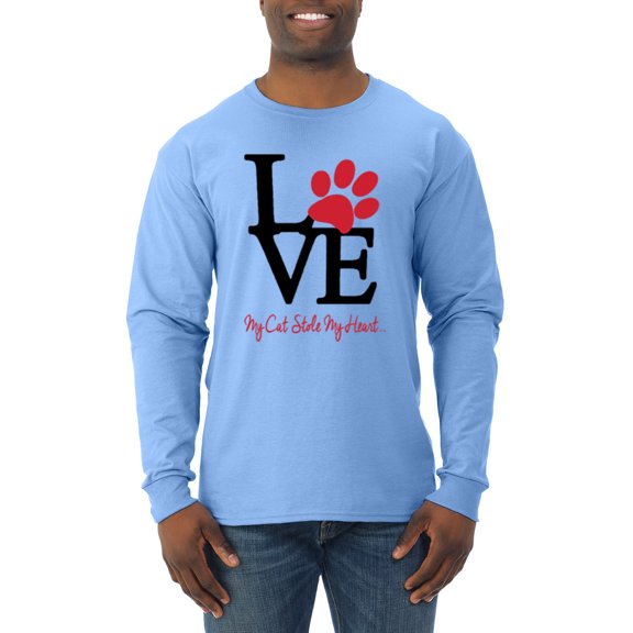 Wild Bobby, Love My Cat Stole My Heart Red Footprints Animal Lover Mens Long Sleeve Shirt, Light Blue, 3XL