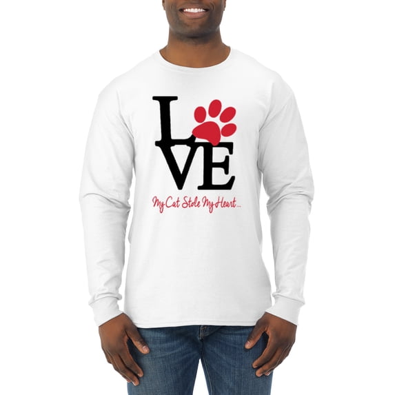 Wild Bobby, Love My Cat Stole My Heart Red Footprints Animal Lover Mens Long Sleeve Shirt, White, 2XL
