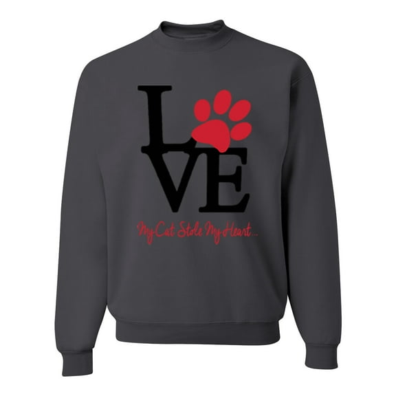 Wild Bobby, Love My Cat Stole My Heart Red Footprints Animal Lover Unisex Crewneck Graphic Sweatshirt, Charcoal, 2XL