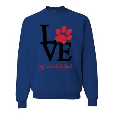 Wild Bobby, Love My Cat Stole My Heart Red Footprints Animal Lover Unisex Crewneck Graphic Sweatshirt, Royal, 3XL