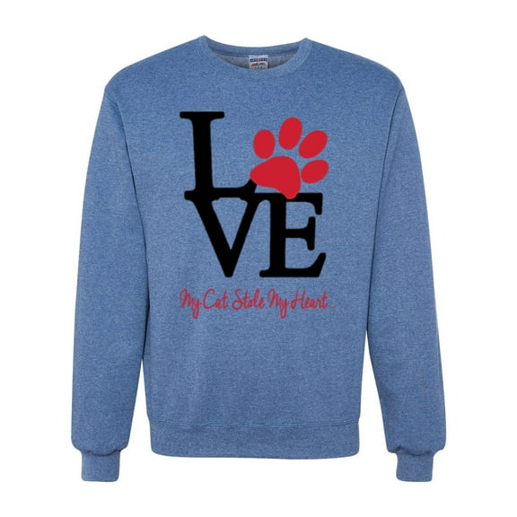 Wild Bobby, Love My Cat Stole My Heart Red Footprints Animal Lover Unisex Crewneck Graphic Sweatshirt, Vintage Heather Blue, Large