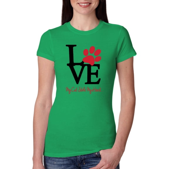Wild Bobby, Love My Cat Stole My Heart Red Footprints Animal Lover Womens Slim Fit Junior Tee, Kelly, Large