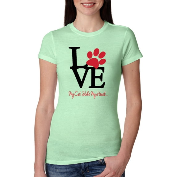 Love My Cat Stole My Heart Red Footprints Animal Lover Womens Slim Fit Junior Tee, Mint, Large
