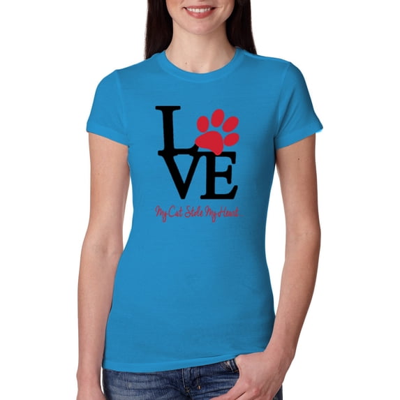 Wild Bobby, Love My Cat Stole My Heart Red Footprints Animal Lover Womens Slim Fit Junior Tee, Turquoise, 2XL