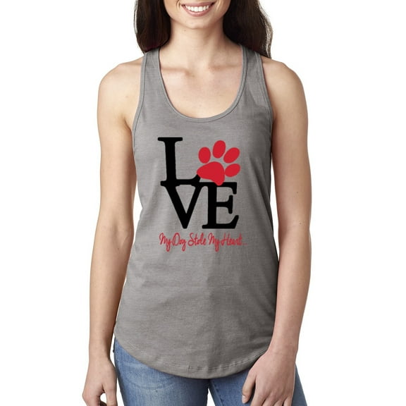 Wild Bobby, Love My Dog Stole My Heart Red Pawprints Pop Culture Ladies Racerback Tank Top, Heather Grey, Small