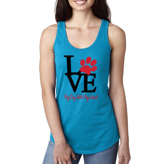 Wild Bobby, Love My Dog Stole My Heart Red Pawprints Pop Culture Ladies Racerback Tank Top, Turquoise, Medium