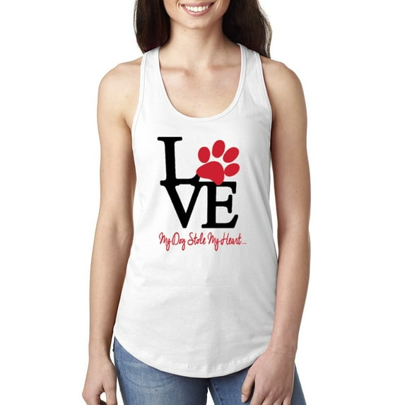 Wild Bobby, Love My Dog Stole My Heart Red Pawprints Pop Culture Ladies Racerback Tank Top, White, Medium