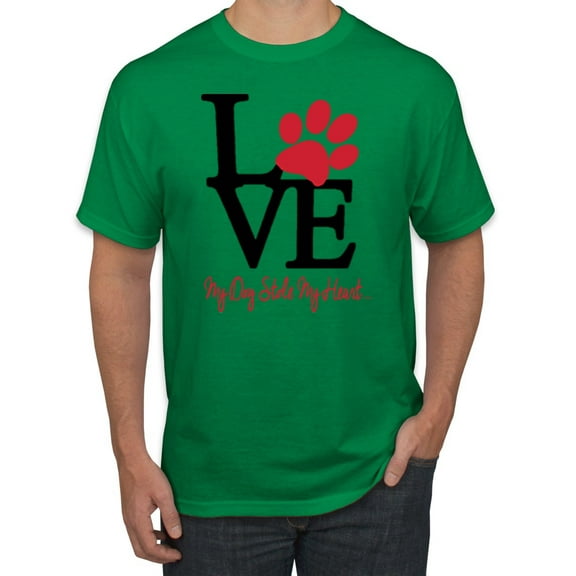 Wild Bobby, Love My Dog Stole My Heart Red Pawprints Pop Culture Men's Graphic T-Shirt, Kelly, Large